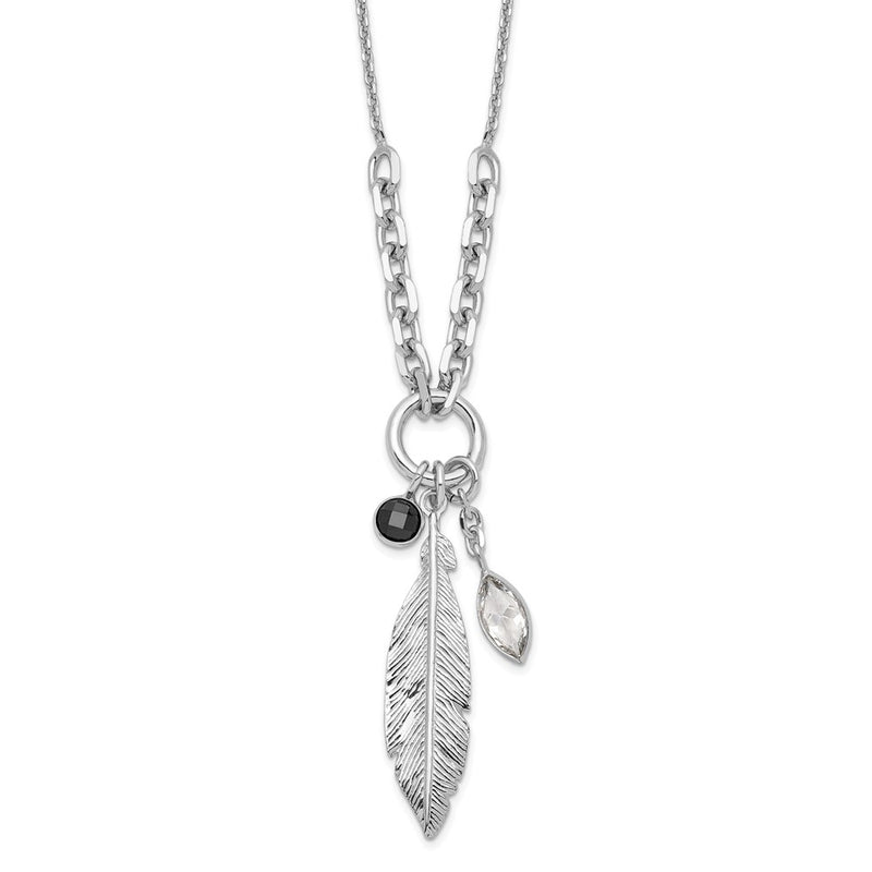 Sterling Silver Rhodium-Plated Feather And Cz W/1 In Ext Necklace