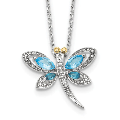 Sterling Silver Brilliant Gemstones With 14K Accent Rhodium-Plated Light Blue Topaz And London Diamond Dragonfly 18 Inch Necklace 2 Extender