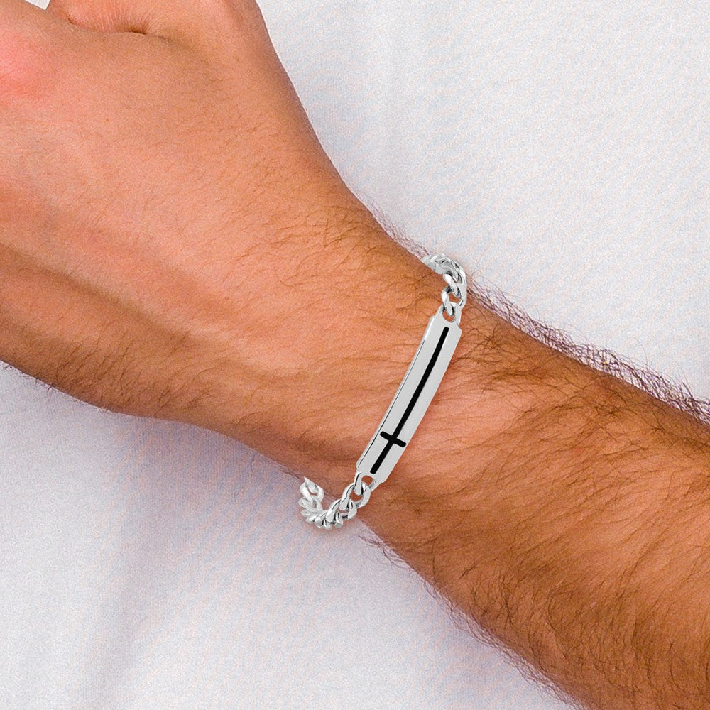 Sterling Silver Rhodium-Plated Enameled Cross on Bar Men's 8in Bracelet