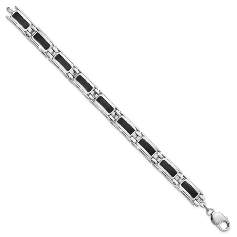 Sterling Silver Rhodium-Plated Black Enamel Link Men's 8in Bracelet