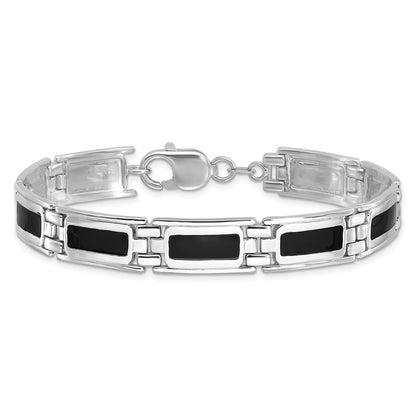 Sterling Silver Rhodium-Plated Black Enamel Link Men's 8in Bracelet