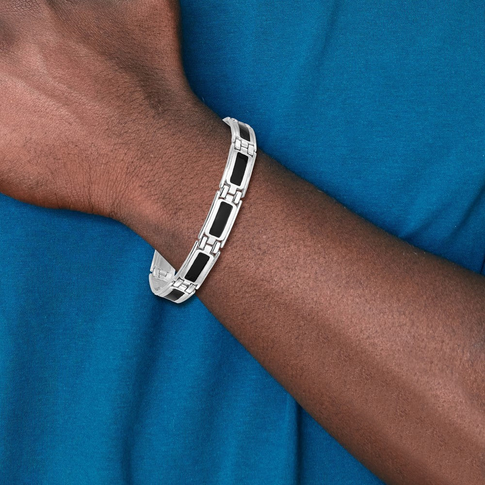 Sterling Silver Rhodium-Plated Black Enamel Link Men's 8in Bracelet