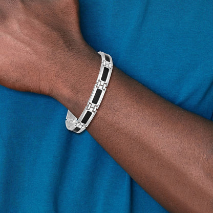 Sterling Silver Rhodium-Plated Black Enamel Link Men's 8in Bracelet