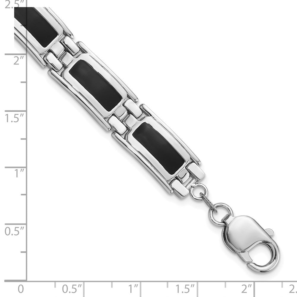 Sterling Silver Rhodium-Plated Black Enamel Link Men's 8in Bracelet