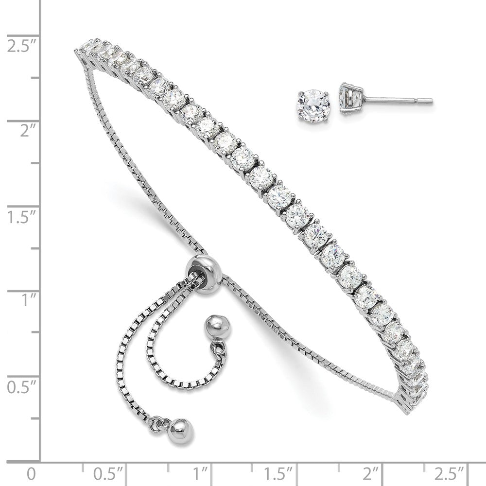 Sterling Silver Rhodium-Plated CZ Adjustable Bracelet and Post Earring Set