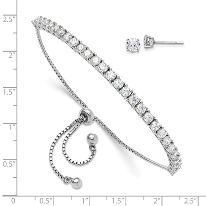 Sterling Silver Rhodium-Plated CZ Adjustable Bracelet and Post Earring Set