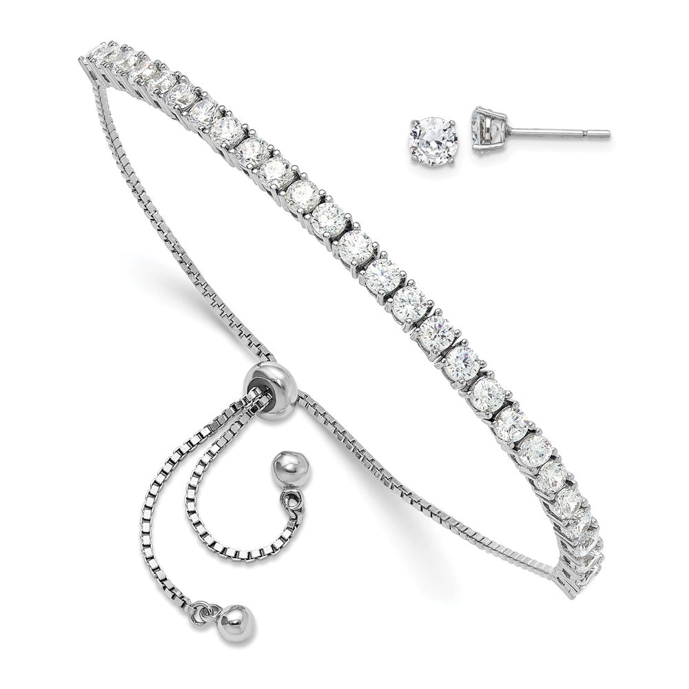 Sterling Silver Rhodium-Plated CZ Adjustable Bracelet and Post Earring Set