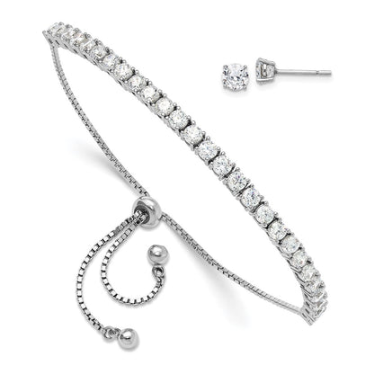 Sterling Silver Rhodium-Plated CZ Adjustable Bracelet and Post Earring Set