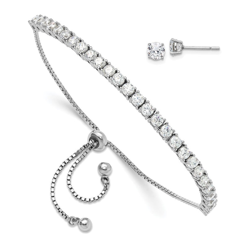 Sterling Silver Rhodium-Plated CZ Adjustable Bracelet and Post Earring Set
