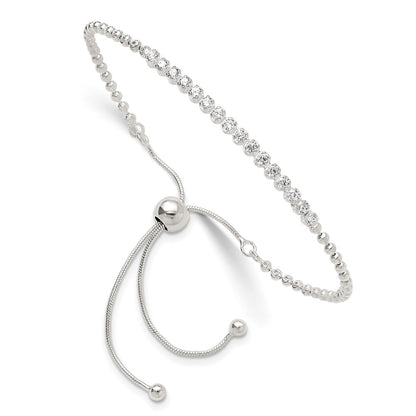 Sterling Silver Polished D/c with CZ Adjustable Bracelet