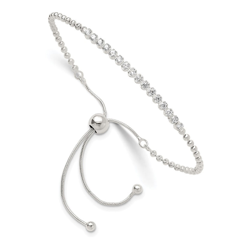 Sterling Silver Polished D/c with CZ Adjustable Bracelet