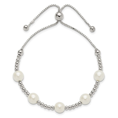 Sterling Silver Polished Beaded and Synthetic Pearl Adjustable Bracelet