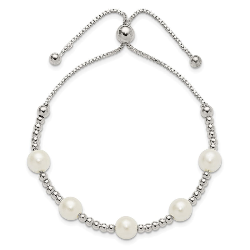 Sterling Silver Polished Beaded and Synthetic Pearl Adjustable Bracelet
