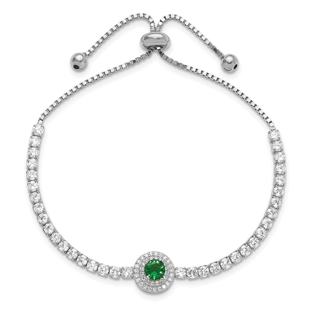 Sterling Silver Rhodium-Plated CZ and Green Glass Adjustable Bracelet