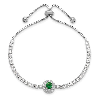 Sterling Silver Rhodium-Plated CZ and Green Glass Adjustable Bracelet
