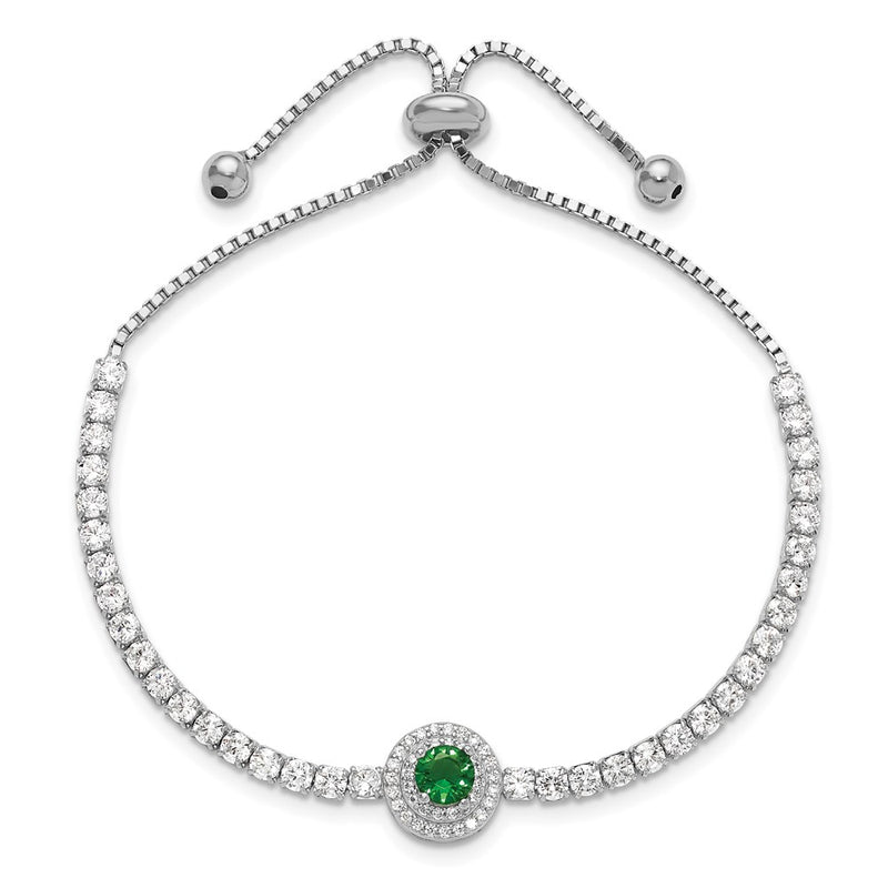 Sterling Silver Rhodium-Plated CZ and Green Glass Adjustable Bracelet