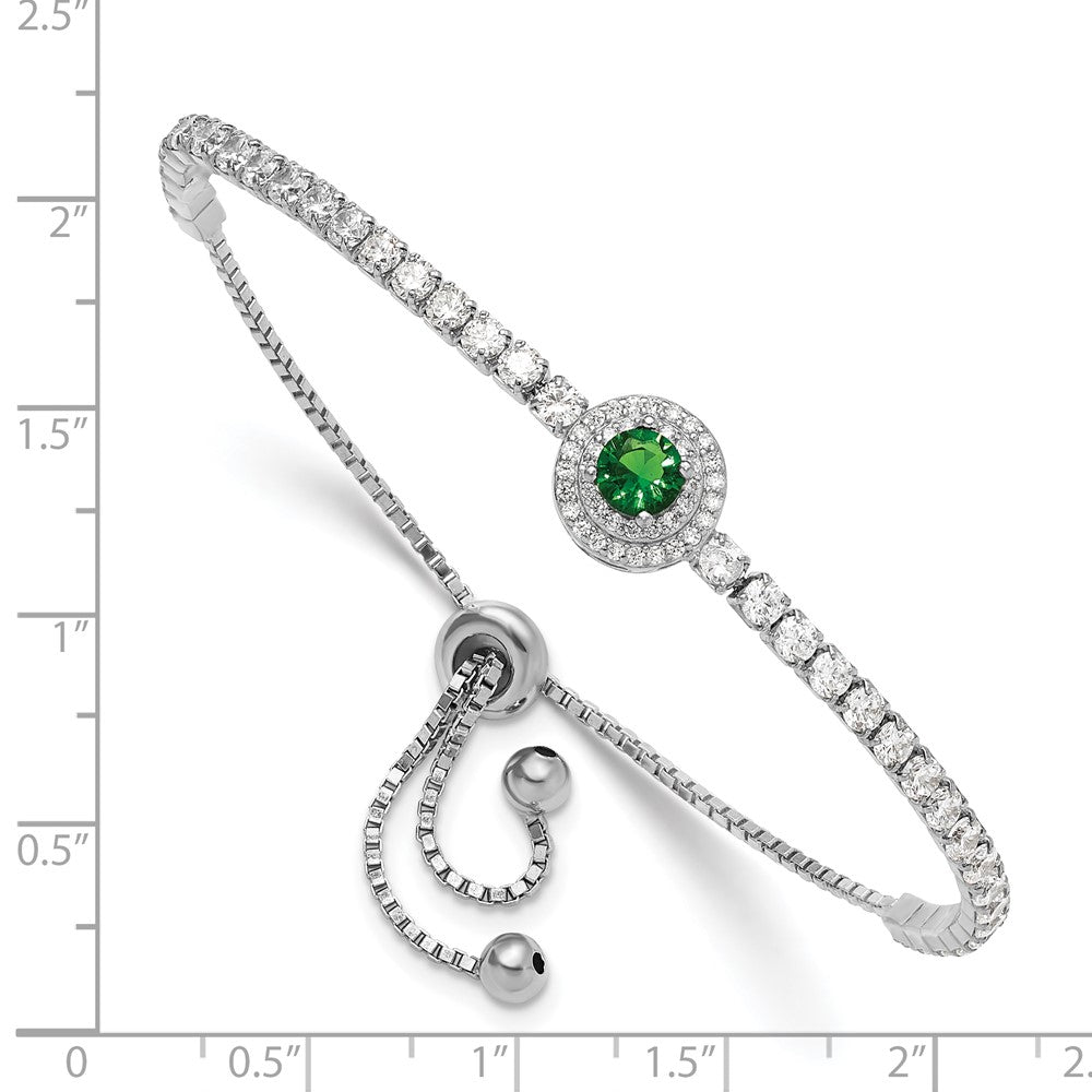Sterling Silver Rhodium-Plated CZ and Green Glass Adjustable Bracelet