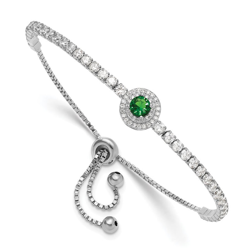 Sterling Silver Rhodium-Plated CZ and Green Glass Adjustable Bracelet