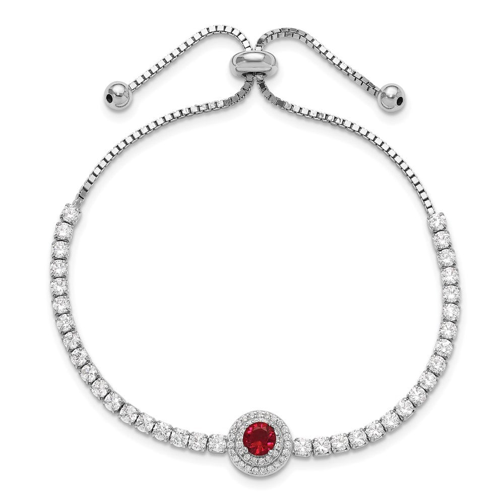 Sterling Silver Rhodium-Plated CZ and Red Glass Adjustable Bracelet