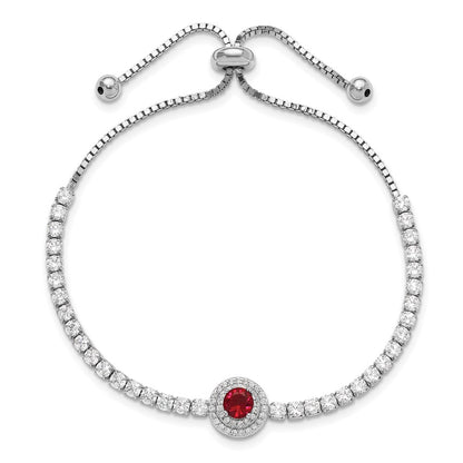 Sterling Silver Rhodium-Plated CZ and Red Glass Adjustable Bracelet