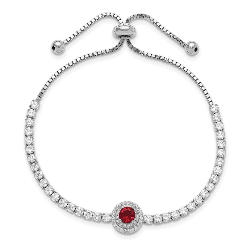 Sterling Silver Rhodium-Plated CZ and Red Glass Adjustable Bracelet