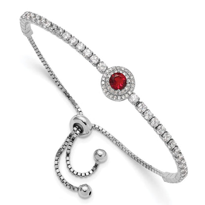 Sterling Silver Rhodium-Plated CZ and Red Glass Adjustable Bracelet