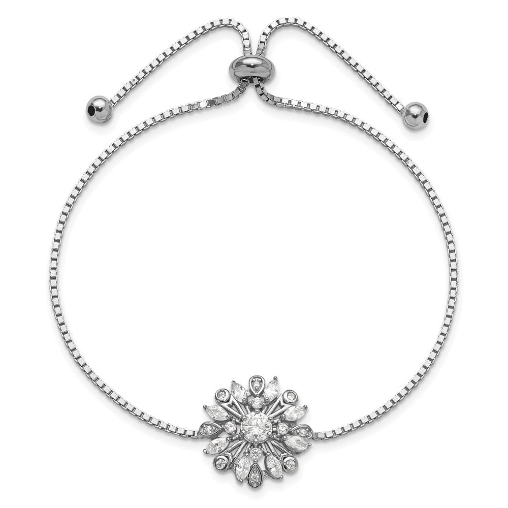 Sterling Silver Rhodium-Plated Floral CZ Adjustable Bolo Bracelet