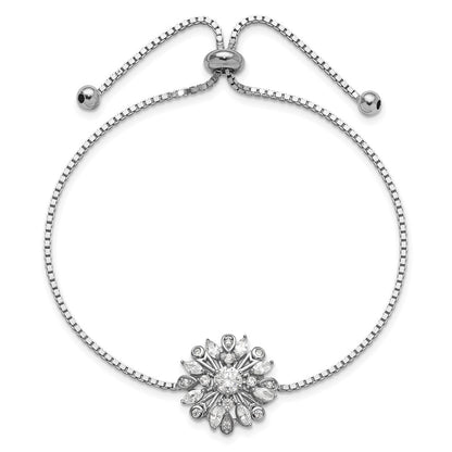 Sterling Silver Rhodium-Plated Floral CZ Adjustable Bolo Bracelet