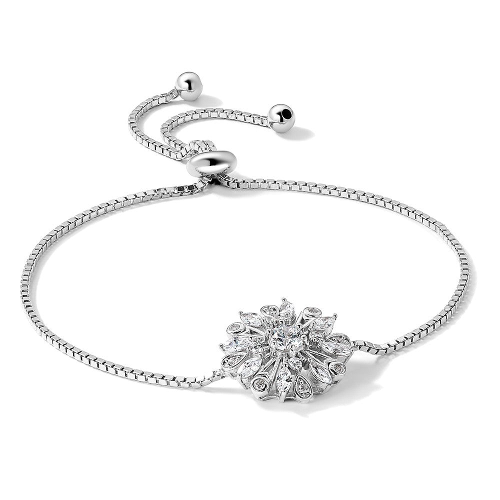 Sterling Silver Rhodium-Plated Floral CZ Adjustable Bolo Bracelet