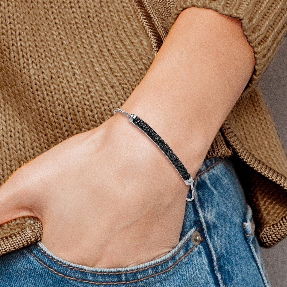 Sterling Silver Rhodium-Plated Black Spinel Bar Adjustable Bracelet