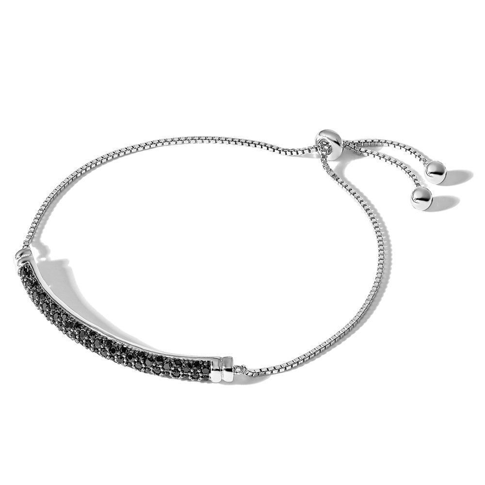 Sterling Silver Rhodium-Plated Black Spinel Bar Adjustable Bracelet