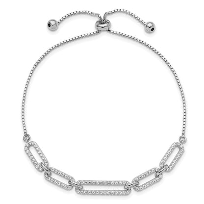 Sterling Silver Rhodium Plated Paperclip Link CZ Adjustable Bracelet
