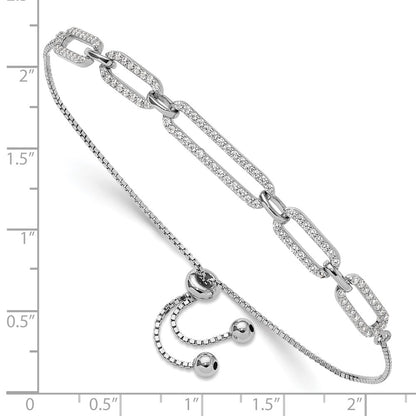 Sterling Silver Rhodium Plated Paperclip Link CZ Adjustable Bracelet