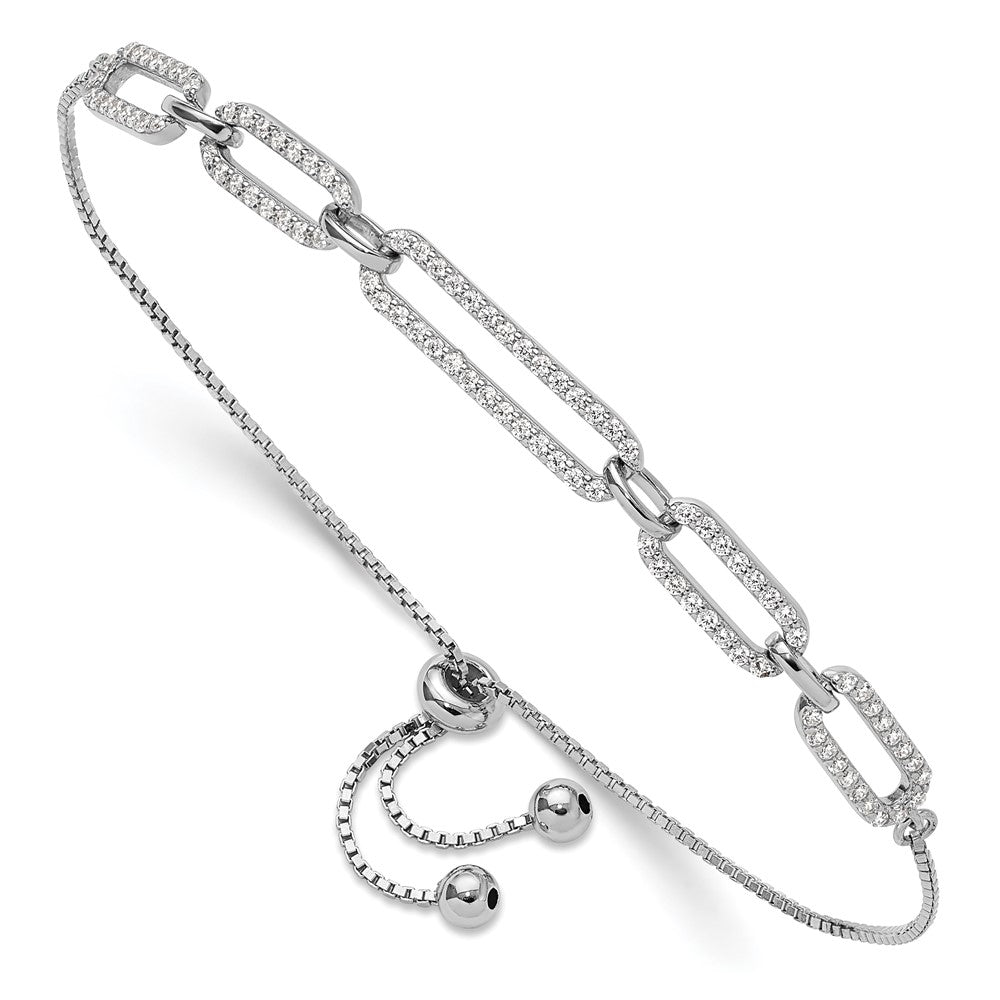 Sterling Silver Rhodium Plated Paperclip Link CZ Adjustable Bracelet