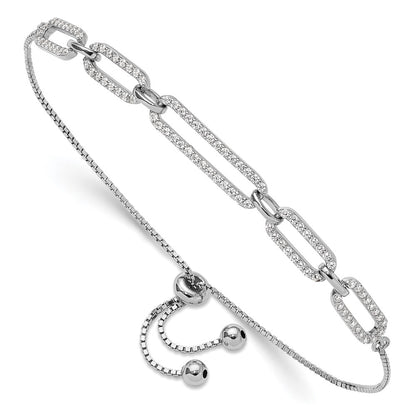 Sterling Silver Rhodium Plated Paperclip Link CZ Adjustable Bracelet