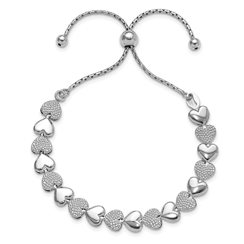 Sterling Silver Rhodium-Plated Adjustable Bolo Hearts Bracelet