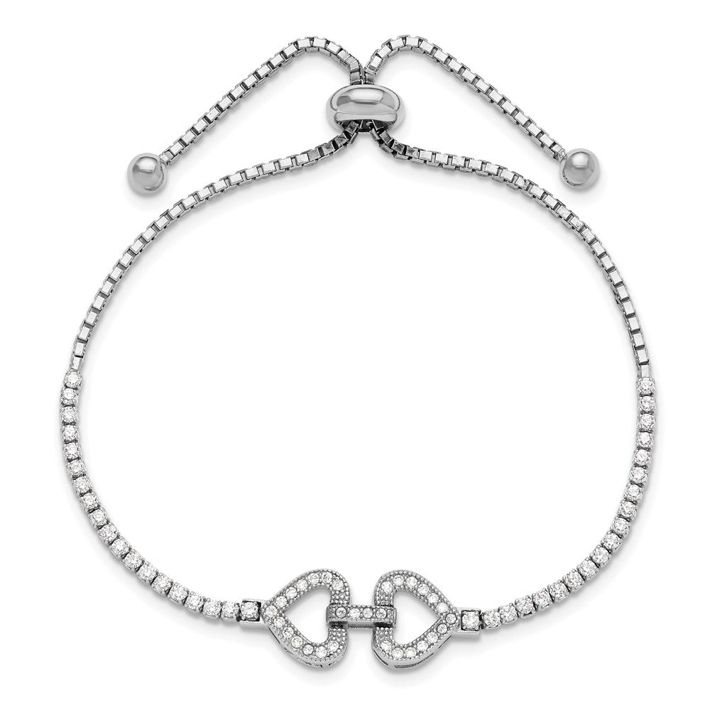 Sterling Silver Rhodium-Plated CZ Linked Hearts Adjustable Bracelet
