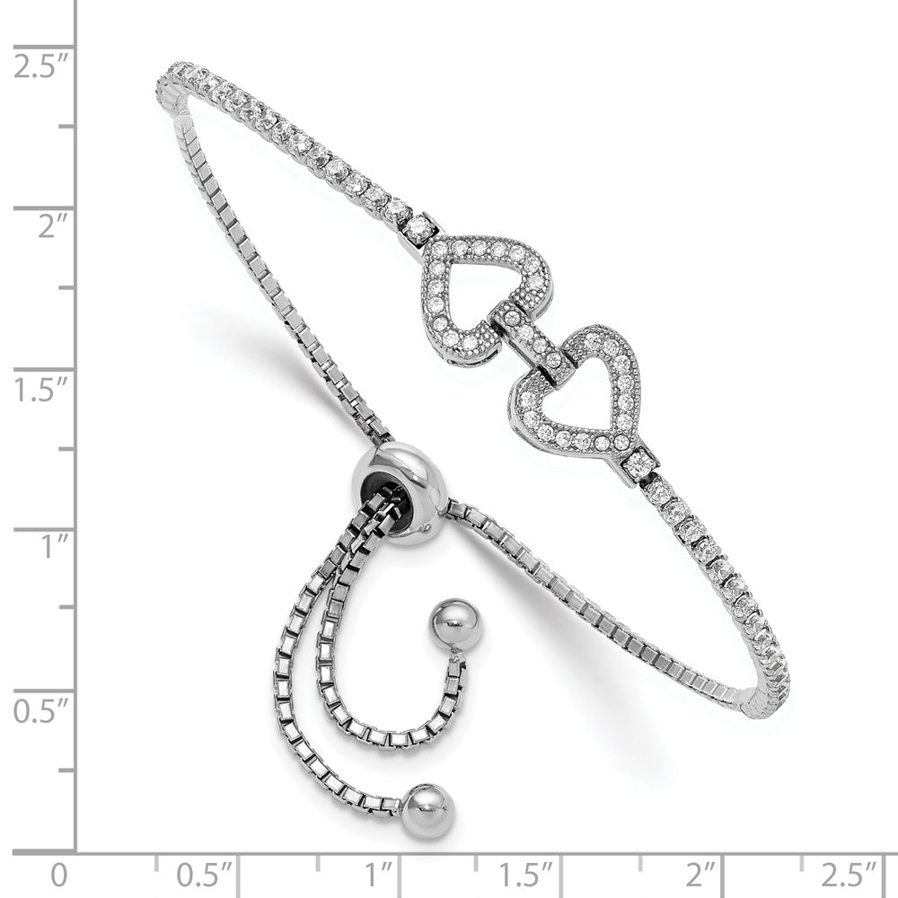 Sterling Silver Rhodium-Plated CZ Linked Hearts Adjustable Bracelet