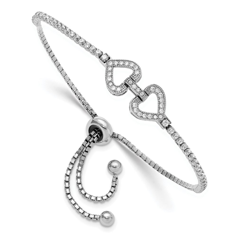 Sterling Silver Rhodium-Plated CZ Linked Hearts Adjustable Bracelet