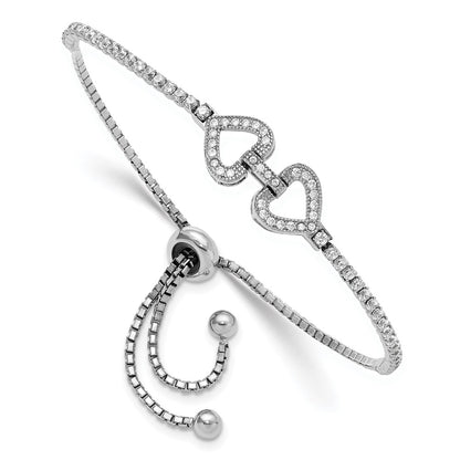 Sterling Silver Rhodium-Plated CZ Linked Hearts Adjustable Bracelet