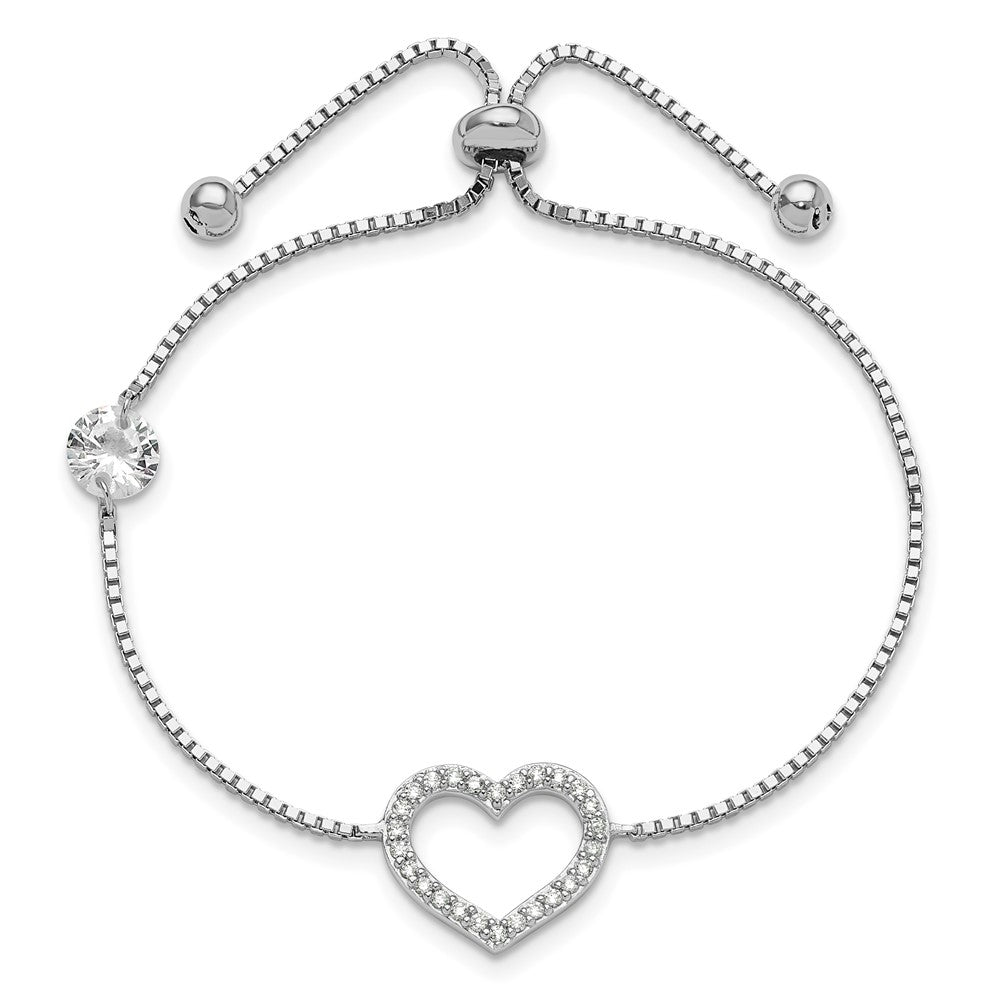 Sterling Silver Rhodium-Plated Polished CZ Open Heart Adjustable Bracelet