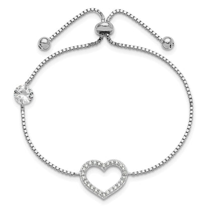Sterling Silver Rhodium-Plated Polished CZ Open Heart Adjustable Bracelet
