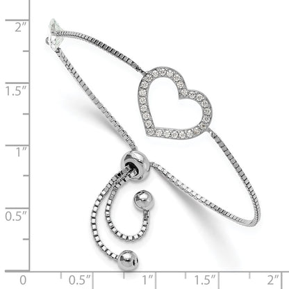 Sterling Silver Rhodium-Plated Polished CZ Open Heart Adjustable Bracelet