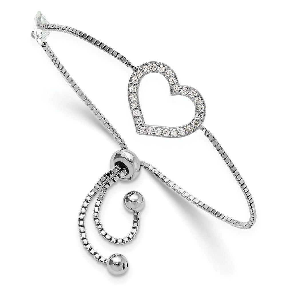 Sterling Silver Rhodium-Plated Polished CZ Open Heart Adjustable Bracelet