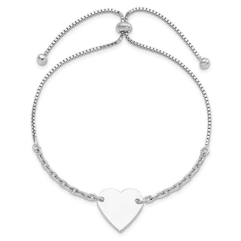 Sterling Silver Rhodium-Plated Polished Heart Disc Adjustable Bracelet