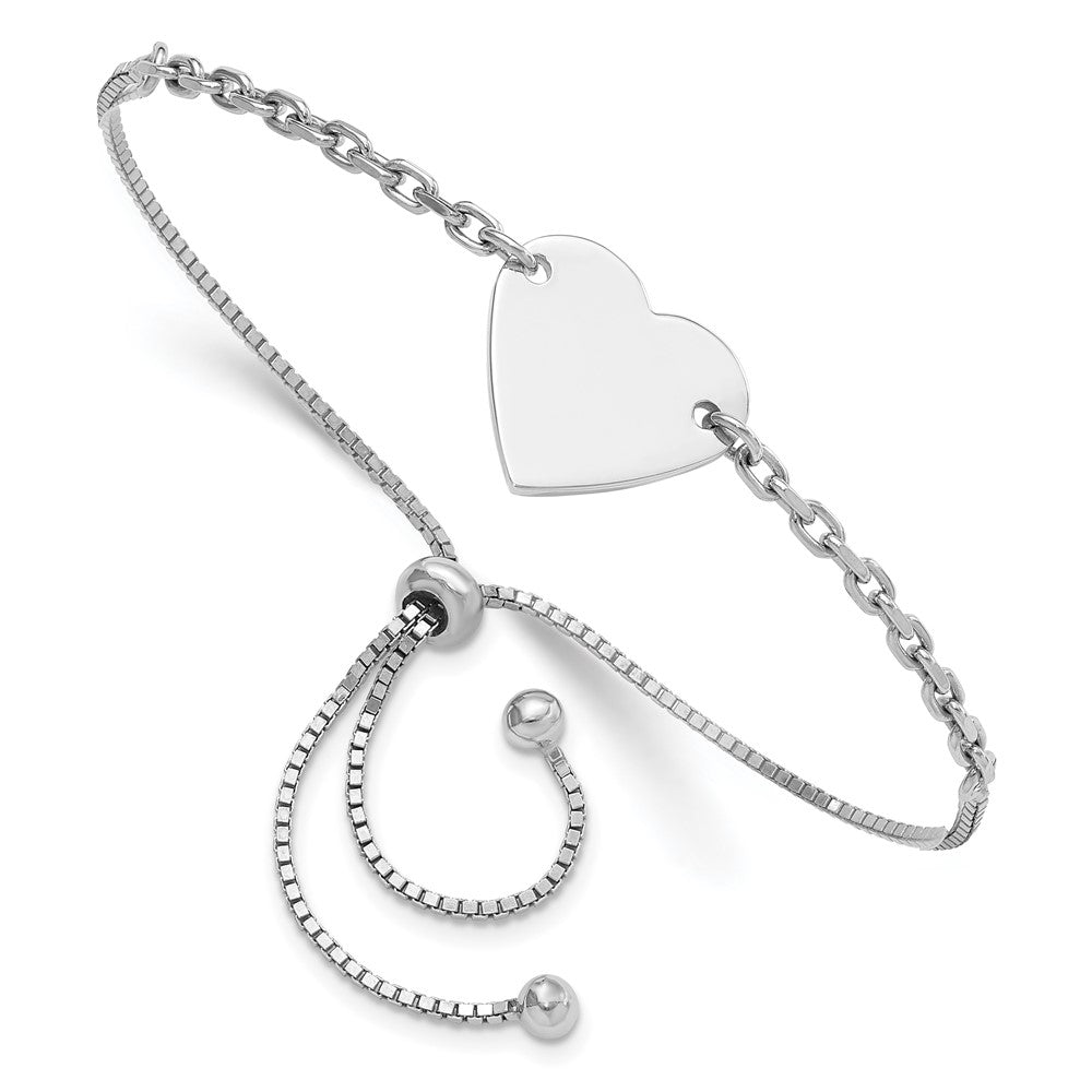 Sterling Silver Rhodium-Plated Polished Heart Disc Adjustable Bracelet
