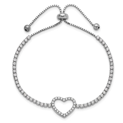 Sterling Silver Rhodium-Plated CZ Heart Adjustable Bracelet