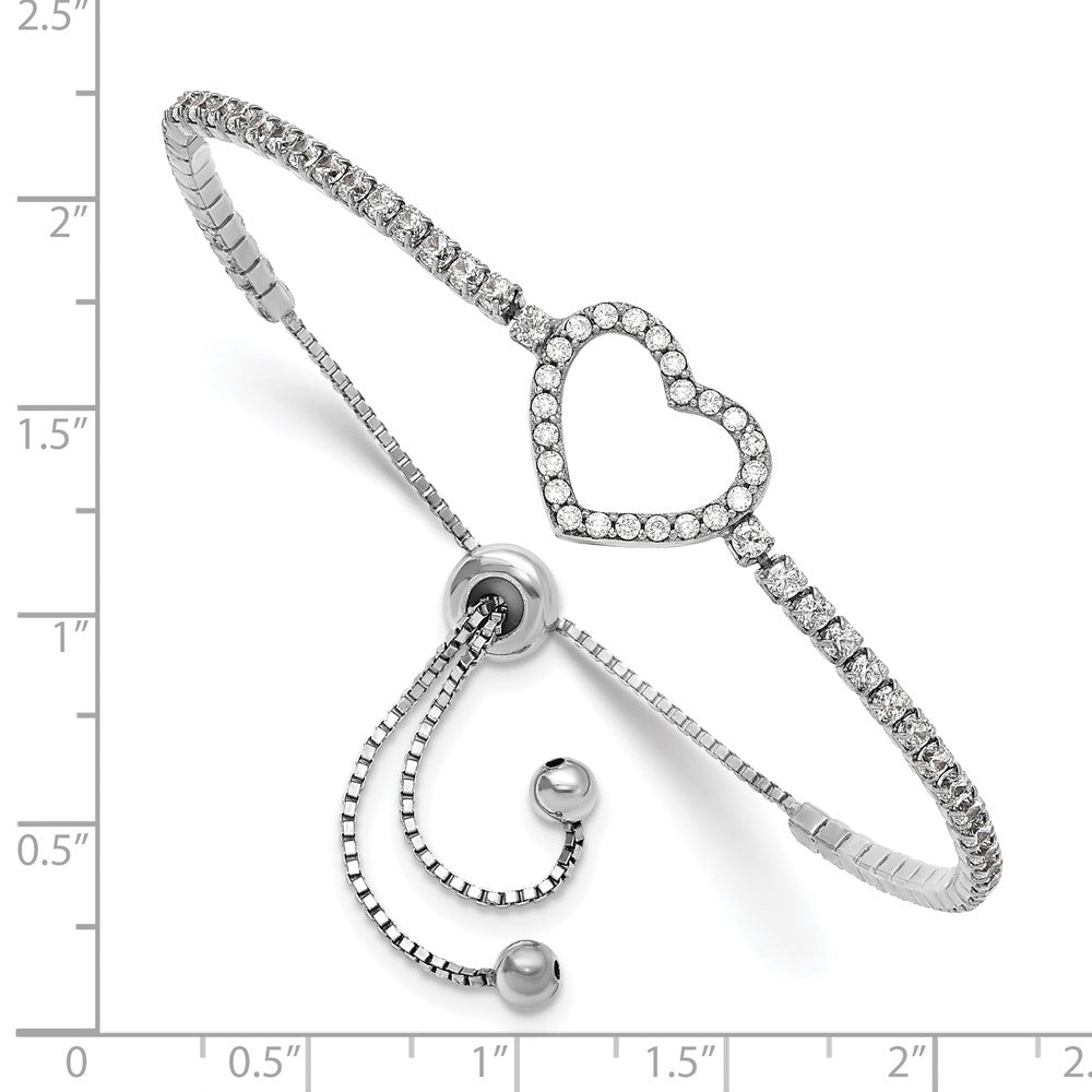 Sterling Silver Rhodium-Plated CZ Heart Adjustable Bracelet