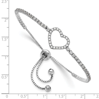 Sterling Silver Rhodium-Plated CZ Heart Adjustable Bracelet