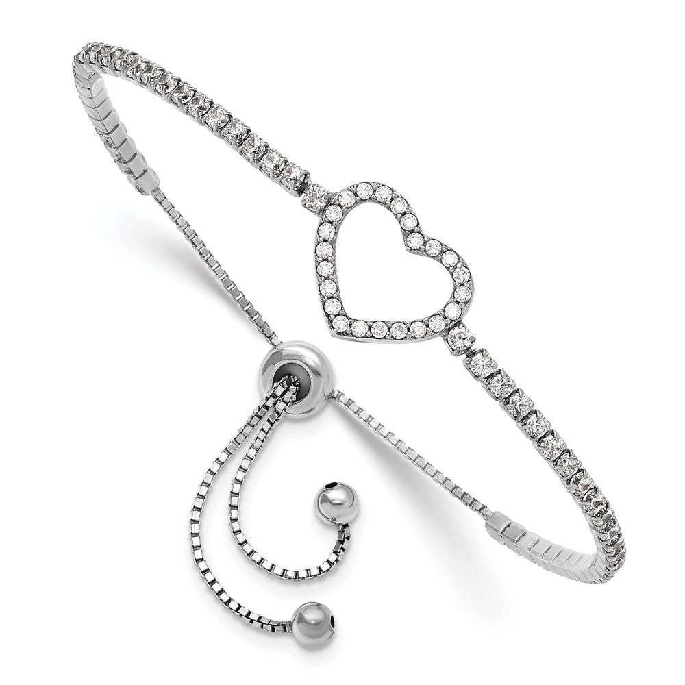 Sterling Silver Rhodium-Plated CZ Heart Adjustable Bracelet